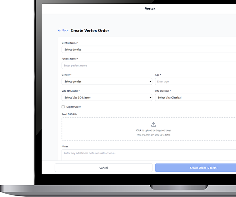 The Vertex portal on desktop — creating a new order